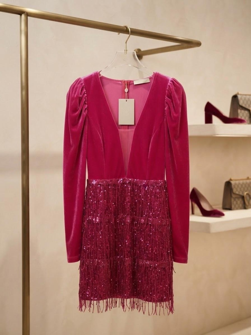 Fuchsia Velvet & Sequin Fringe Mini Dress